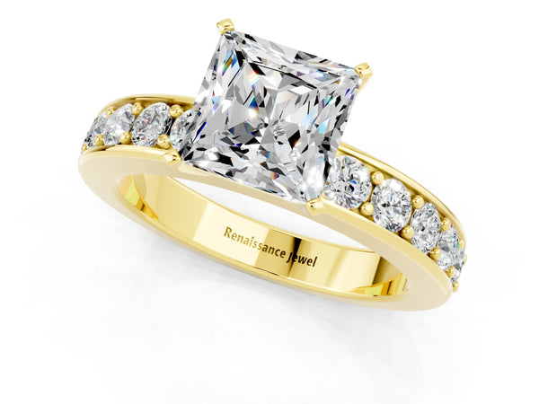 Yellow gold Princess Cut Moissanite Engagement Ring with Channel Set Round Band and Prong Setting