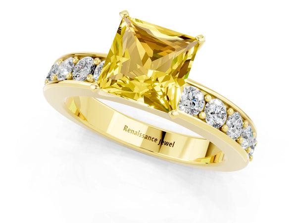 Yellow gold Princess Cut Yellow Sapphire Engagement Ring with Channel Set Round Band and Prong Setting