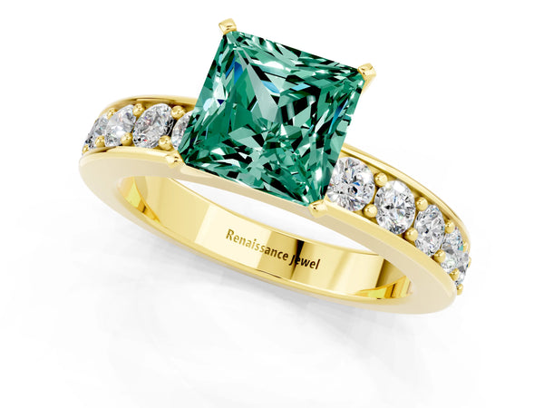 Yellow gold Princess Cut Green Sapphire Engagement Ring with Channel Set Round Band and Prong Setting