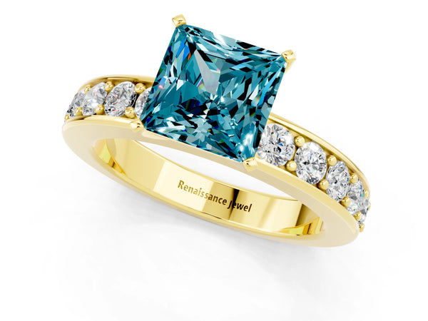 Yellow gold Princess Cut Blue Topaz Engagement Ring with Channel Set Round  Band and Prong Setting