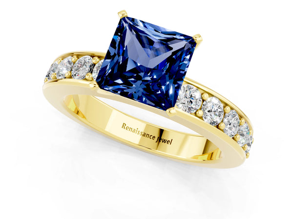 Yellow gold Princess Cut Blue Sapphire Engagement Ring with Channel Set Round  Band and Prong Setting