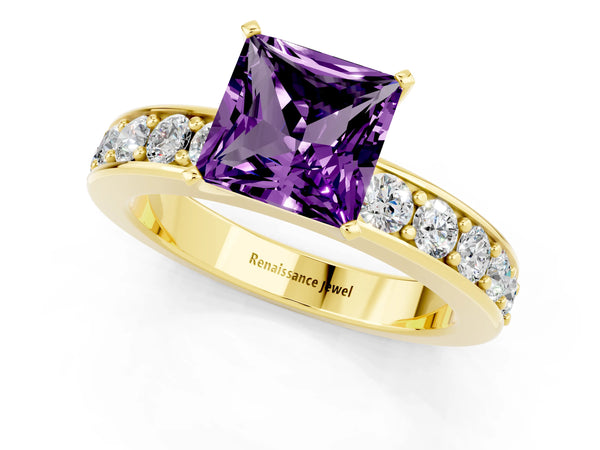 Yellow gold Princess Cut Amethyst Engagement Ring with Channel Set Round  Band and Prong Setting
