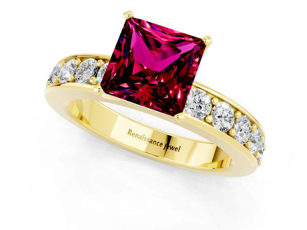 Yellow gold Princess Cut Garnet Engagement Ring with Channel Set Round Band and Prong Setting