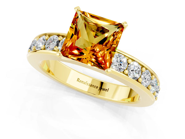 Yellow gold Princess Cut Citrine Engagement Ring with Channel Set Round Band and Prong Setting