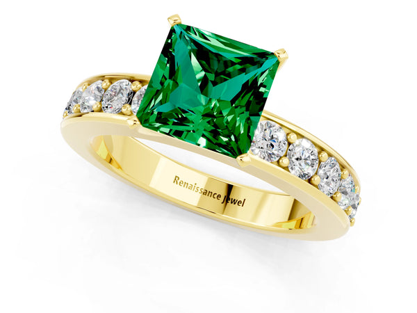 Yellow gold Princess Cut Emerald Engagement Ring with Channel Set Round Band and Prong Setting