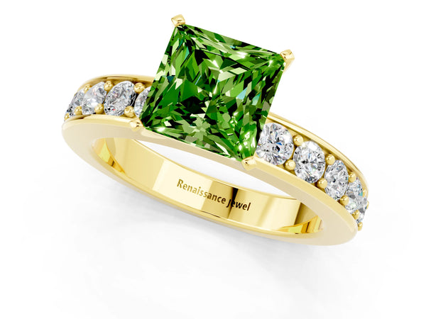Yellow gold Princess Cut Peridot Engagement Ring with Channel Set Round  Band and Prong Setting