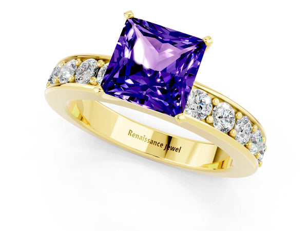 Yellow gold Princess Cut Tanzanite Engagement Ring with Channel Set Round Band and Prong Setting