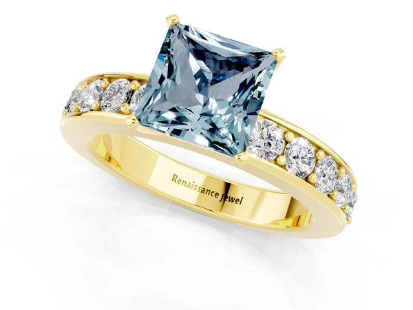 Yellow gold Princess Cut Aquamarine Engagement Ring with Channel Set Round Band and Prong Setting