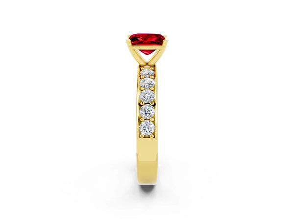 Yellow gold Princess Cut Ruby Engagement Ring with Channel Set Round Band and Prong Setting