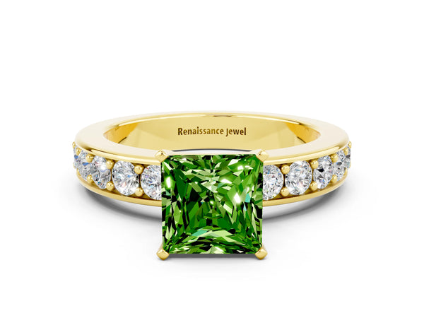 Yellow gold Princess Cut Peridot Engagement Ring with Channel Set Round  Band and Prong Setting
