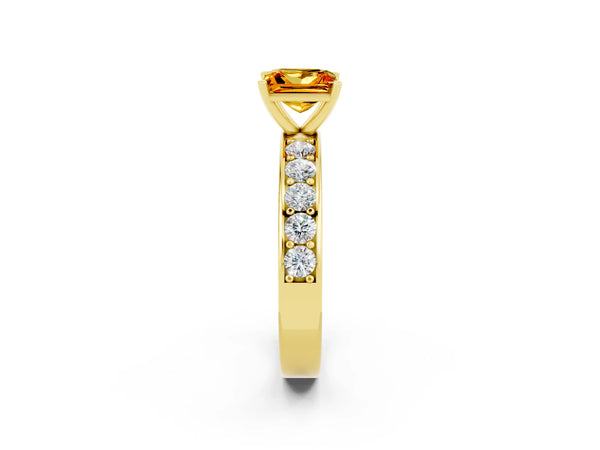 Yellow gold Princess Cut Citrine Engagement Ring with Channel Set Round Band and Prong Setting