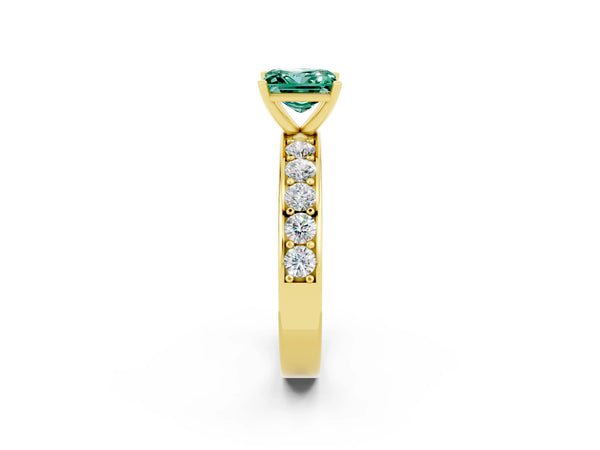 Yellow gold Princess Cut Green Sapphire Engagement Ring with Channel Set Round Band and Prong Setting