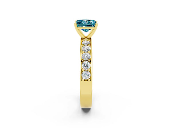 Yellow gold Princess Cut Blue Topaz Engagement Ring with Channel Set Round  Band and Prong Setting