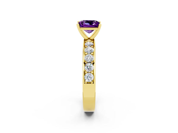 Yellow gold Princess Cut Amethyst Engagement Ring with Channel Set Round  Band and Prong Setting