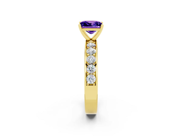 Yellow gold Princess Cut Tanzanite Engagement Ring with Channel Set Round Band and Prong Setting
