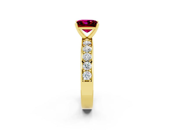 Yellow gold Princess Cut Garnet Engagement Ring with Channel Set Round Band and Prong Setting
