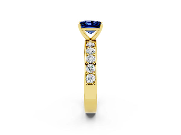 Yellow gold Princess Cut Blue Sapphire Engagement Ring with Channel Set Round  Band and Prong Setting
