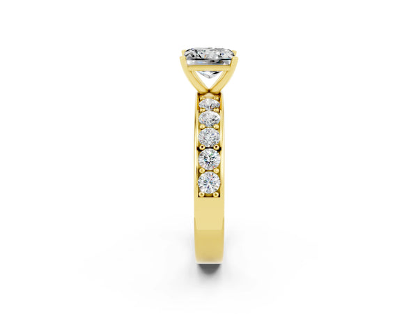 Yellow gold Princess Cut Moissanite Engagement Ring with Channel Set Round Band and Prong Setting