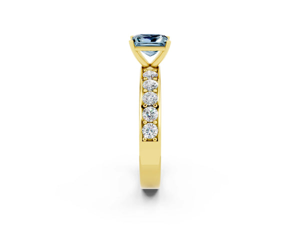 Yellow gold Princess Cut Aquamarine Engagement Ring with Channel Set Round Band and Prong Setting