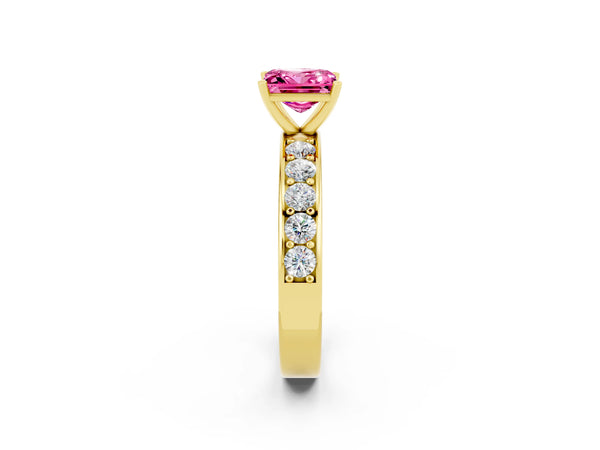 Yellow gold Princess Cut Pink Sapphire Engagement Ring with Channel Set Round Band and Prong Setting