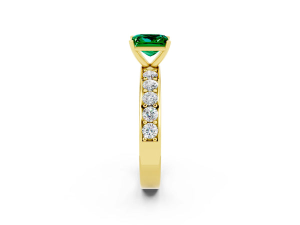 Yellow gold Princess Cut Emerald Engagement Ring with Channel Set Round Band and Prong Setting
