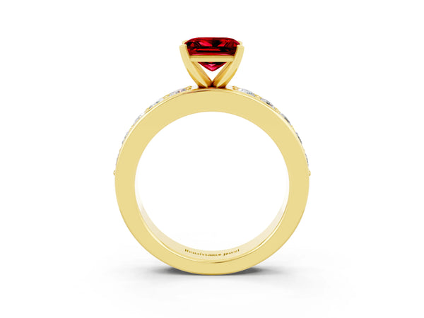 Yellow gold Princess Cut Ruby Engagement Ring with Channel Set Round Band and Prong Setting
