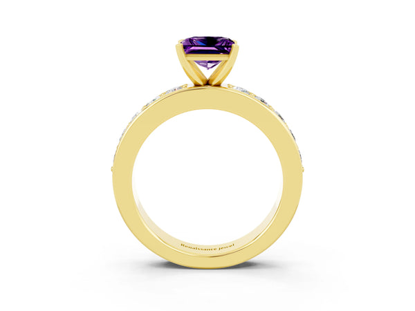 Yellow gold Princess Cut Amethyst Engagement Ring with Channel Set Round  Band and Prong Setting