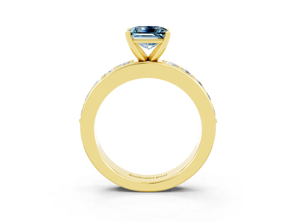 Yellow gold Princess Cut Aquamarine Engagement Ring with Channel Set Round Band and Prong Setting