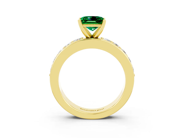 Yellow gold Princess Cut Emerald Engagement Ring with Channel Set Round Band and Prong Setting