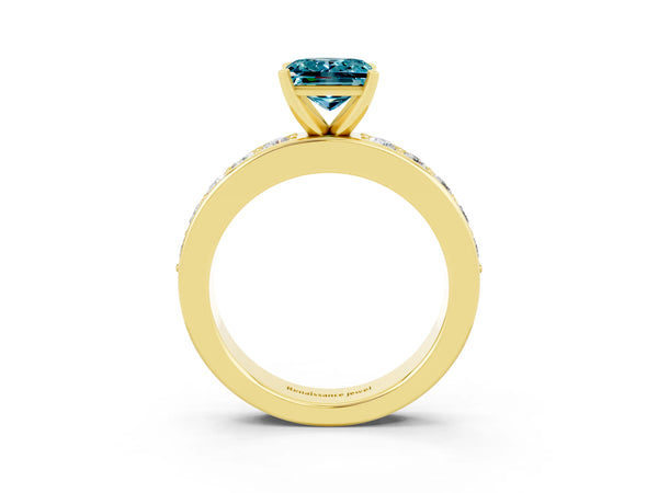 Yellow gold Princess Cut Blue Topaz Engagement Ring with Channel Set Round  Band and Prong Setting