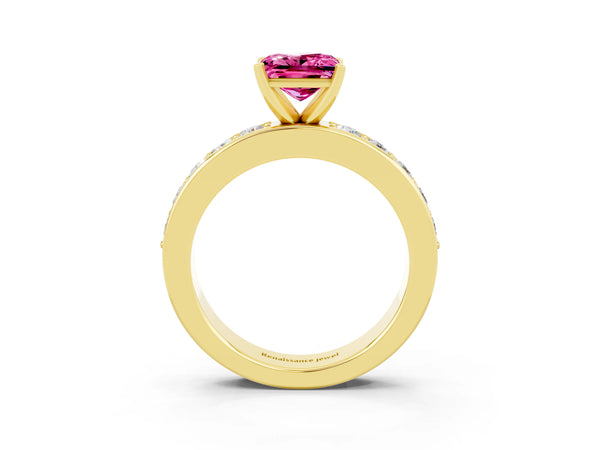 Yellow gold Princess Cut Pink Sapphire Engagement Ring with Channel Set Round Band and Prong Setting