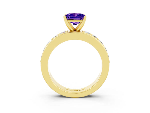Yellow gold Princess Cut Tanzanite Engagement Ring with Channel Set Round Band and Prong Setting