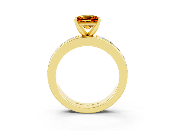 Yellow gold Princess Cut Citrine Engagement Ring with Channel Set Round Band and Prong Setting