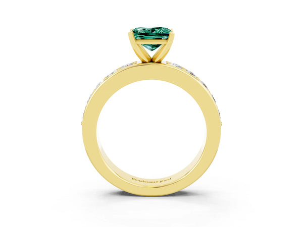 Yellow gold Princess Cut Green Sapphire Engagement Ring with Channel Set Round Band and Prong Setting