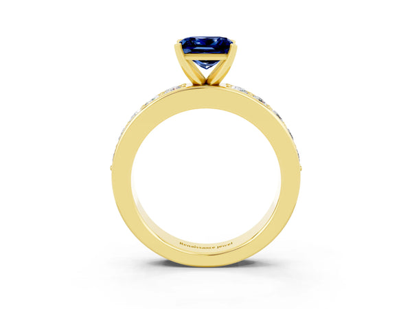 Yellow gold Princess Cut Blue Sapphire Engagement Ring with Channel Set Round  Band and Prong Setting