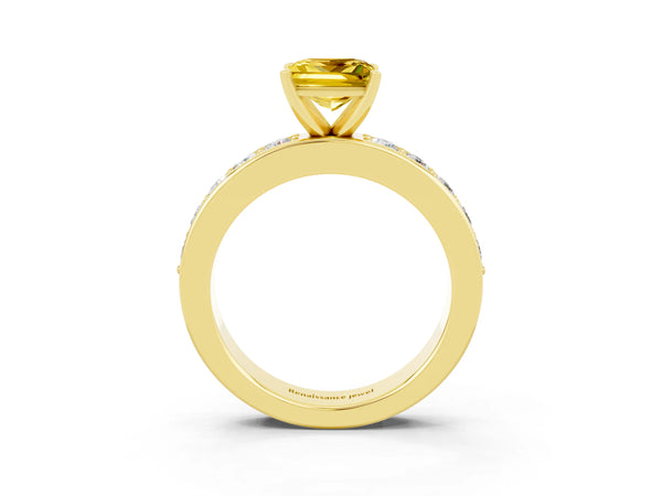 Yellow gold Princess Cut Yellow Sapphire Engagement Ring with Channel Set Round Band and Prong Setting