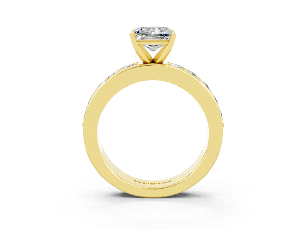 Yellow gold Princess Cut Moissanite Engagement Ring with Channel Set Round Band and Prong Setting