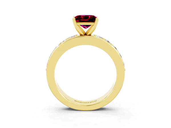 Yellow gold Princess Cut Garnet Engagement Ring with Channel Set Round Band and Prong Setting