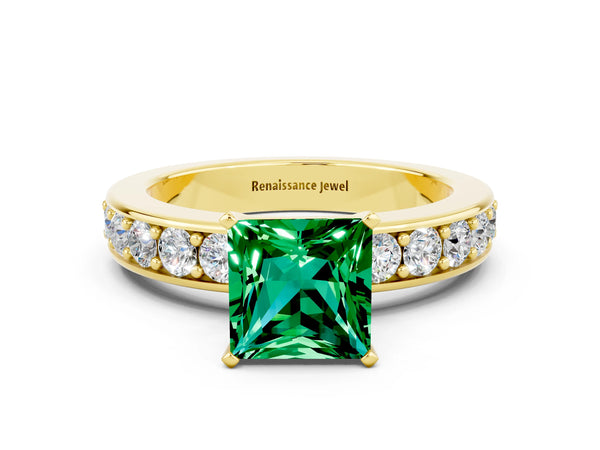 Yellow gold Princess Cut Emerald Engagement Ring with Channel Set Round Band and Prong Setting