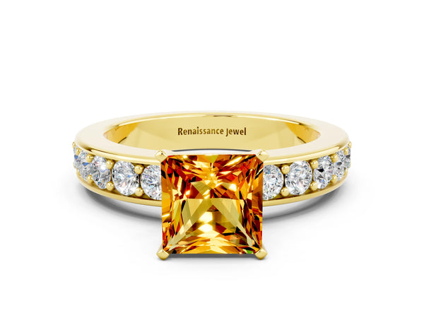 Yellow gold Princess Cut Citrine Engagement Ring with Channel Set Round Band and Prong Setting