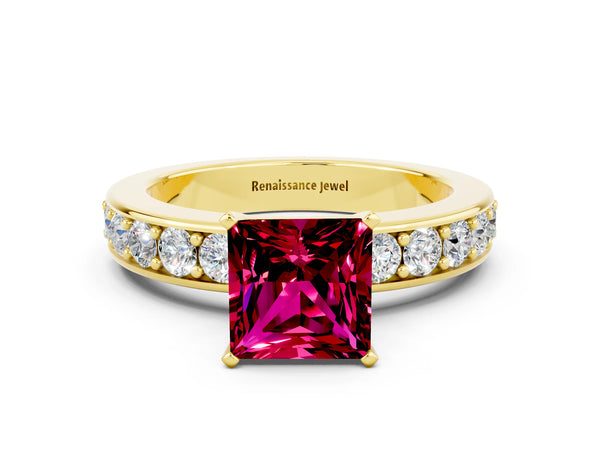 Yellow gold Princess Cut Garnet Engagement Ring with Channel Set Round Band and Prong Setting