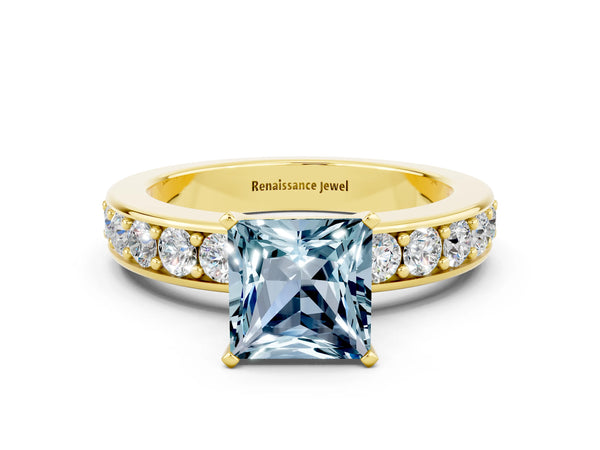 Yellow gold Princess Cut Aquamarine Engagement Ring with Channel Set Round Band and Prong Setting