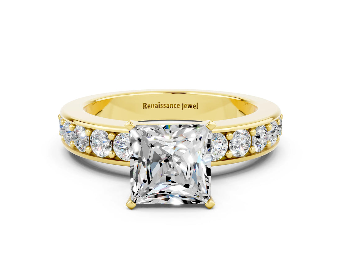 Yellow gold Princess Cut Cut Channel Set Diamond Engagement Ring with Four-Prong Setting