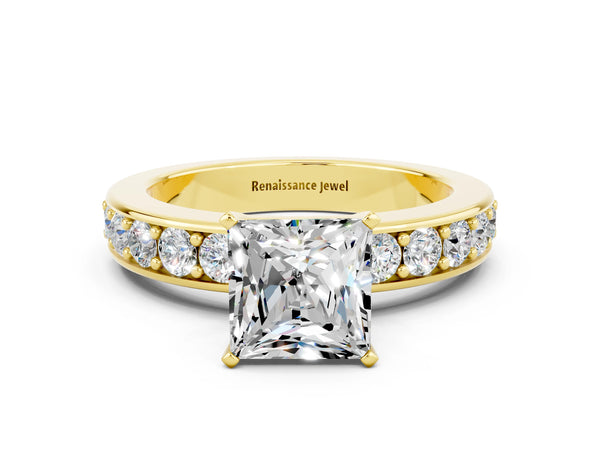 Yellow gold Princess Cut Moissanite Engagement Ring with Channel Set Round Band and Prong Setting