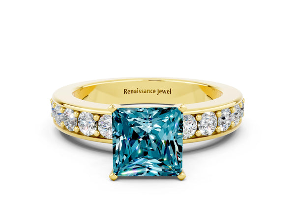 Yellow gold Princess Cut Blue Topaz Engagement Ring with Channel Set Round  Band and Prong Setting