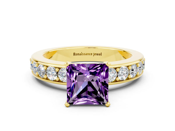 Yellow gold Princess Cut Amethyst Engagement Ring with Channel Set Round  Band and Prong Setting