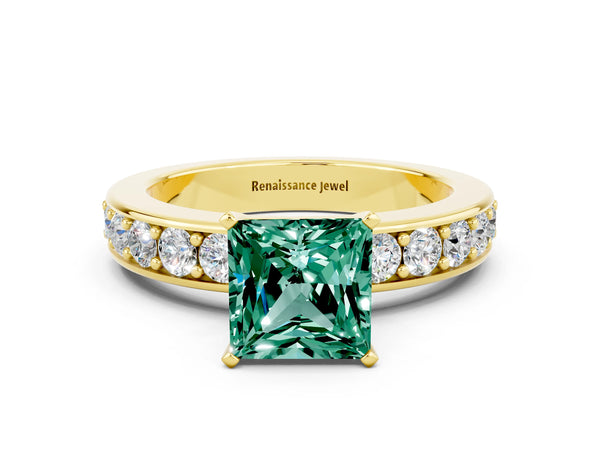 Yellow gold Princess Cut Green Sapphire Engagement Ring with Channel Set Round Band and Prong Setting