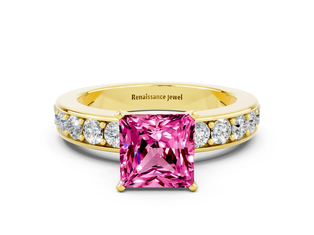 Yellow gold Princess Cut Cut Channel Set Diamond Engagement Ring with Four-Prong Setting