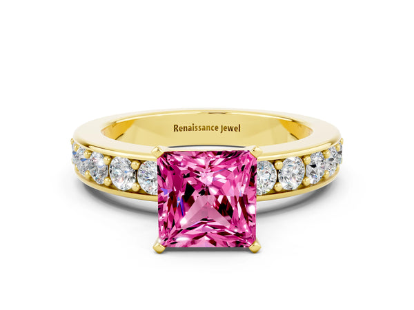 Yellow gold Princess Cut Pink Sapphire Engagement Ring with Channel Set Round Band and Prong Setting