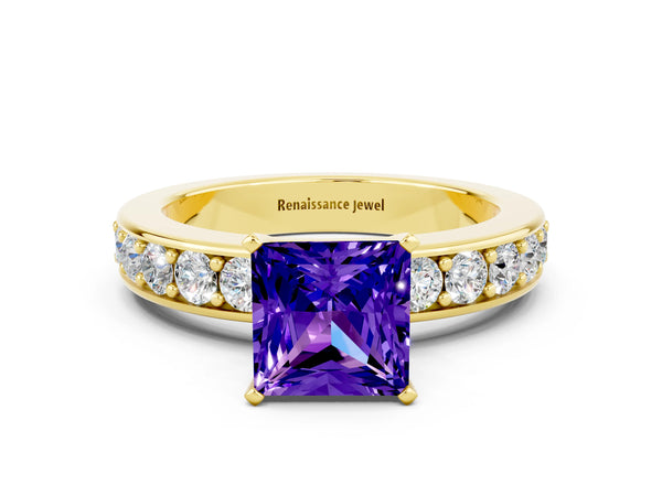 Yellow gold Princess Cut Tanzanite Engagement Ring with Channel Set Round Band and Prong Setting